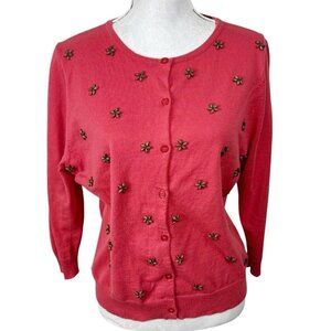 Garnett Hill Women's L Beaded Floral Cardigan Sweater Coral Pink‎ 3/4 Sleeve EUC